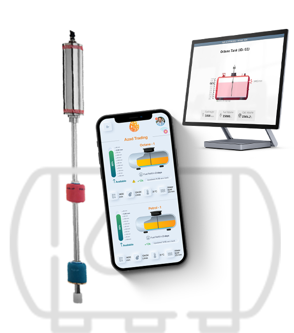 FuelMatix automatic tank gauge probe with live monitoring dashboard on desktop and mobile