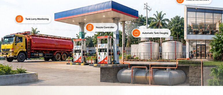 Connected fuel station showing tank lorry monitoring, nozzle controller, automatic tank gauging and head office software