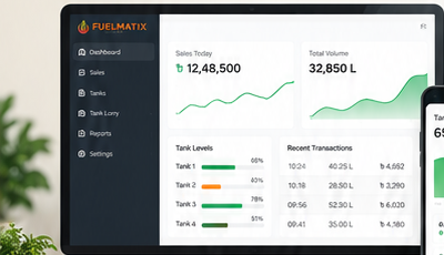 FuelMatix software dashboard showing sales, tank levels and transactions